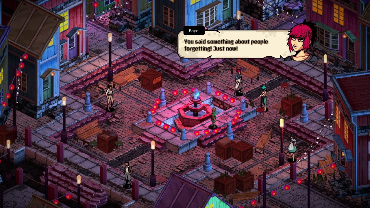 An isometric view of Demonschool's town square at night, with red and purple hues coloring the environment.