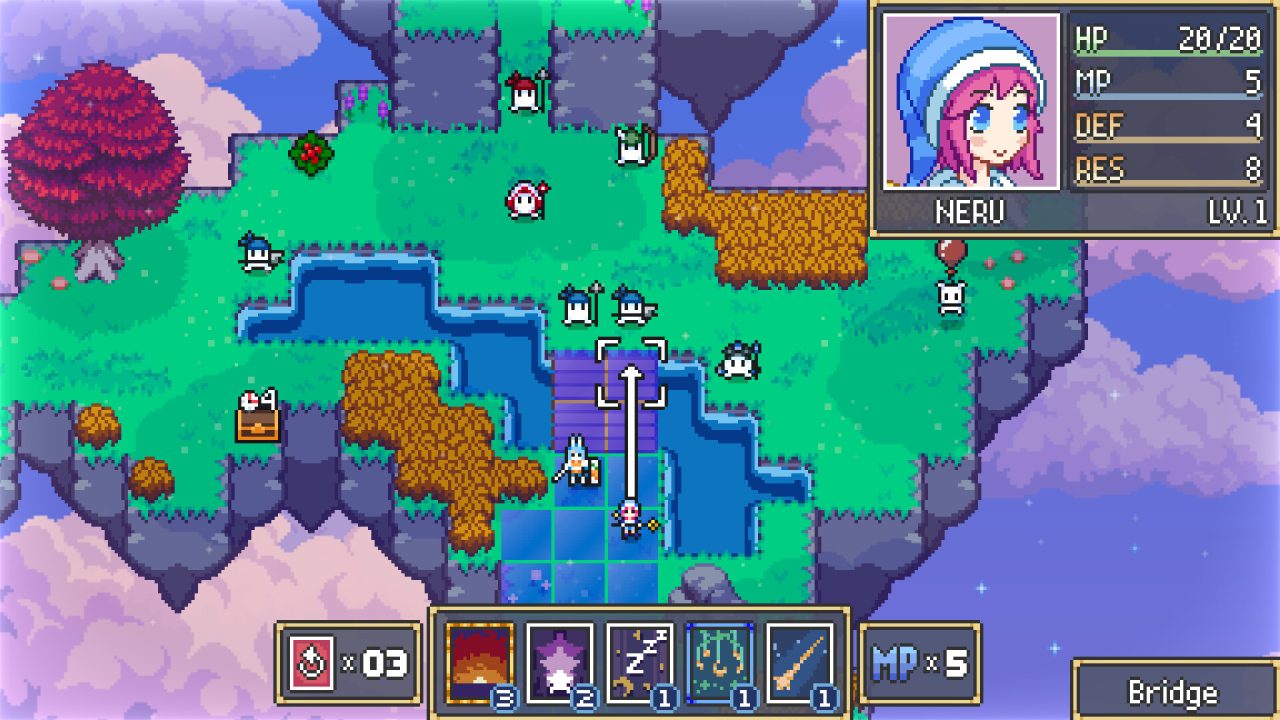 Example of combat with a grid-based system and Pillows ready to attack in Dream Tactics.