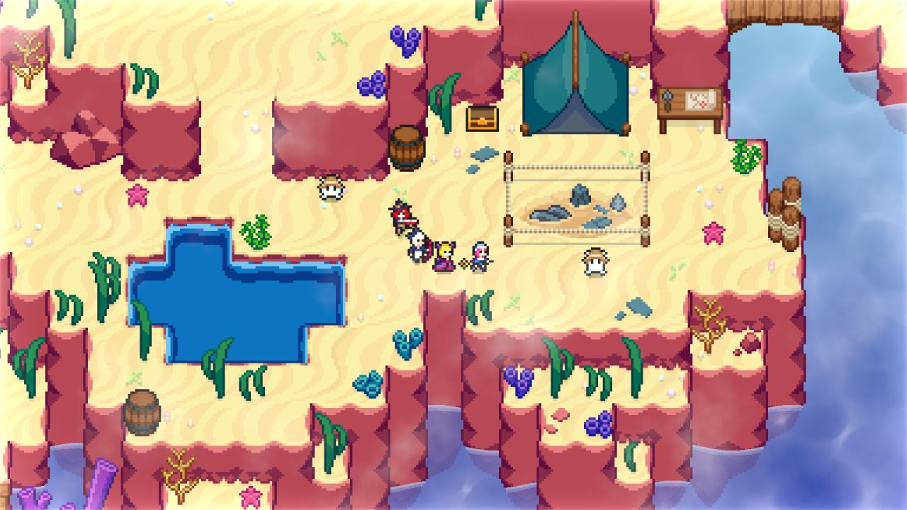 Map of the overworld with characters exploring a beach landscape in Dream Tactics.