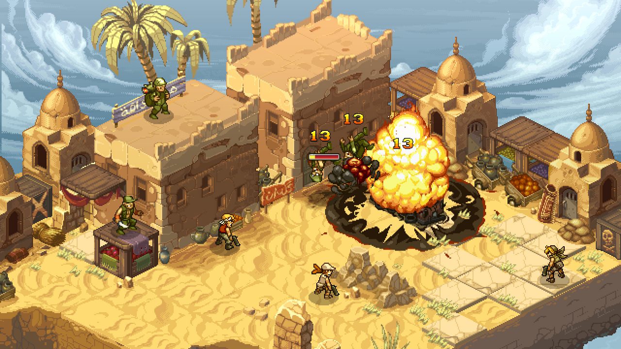 A large explosion damages several enemies in an urban village map.