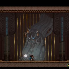 Mira and the Legend of the Djinns screenshot of a character crouched in an ancient hall in front of a massive stone statue of a woman with glowing eyes holding a glowing orb in her open hand.