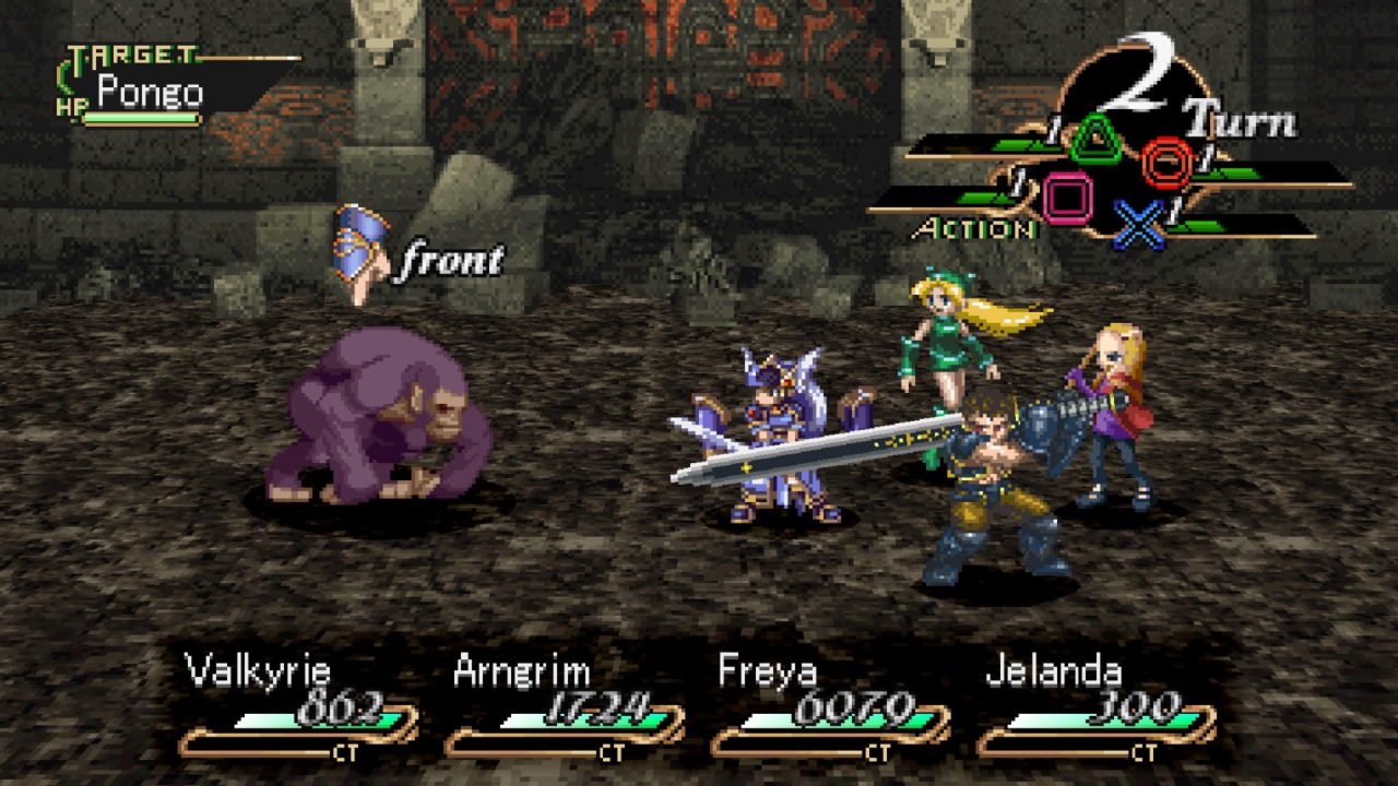 Battle screenshot from Valkyrie Profile Lenneth, with four party members on the right and the enemy on the left. 