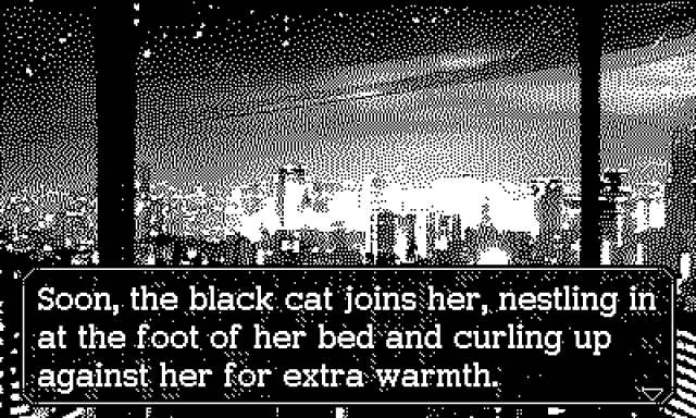 Screenshot of a city skyline as viewed through a window, with narrative text describing a black cat curling up with the protagonist.