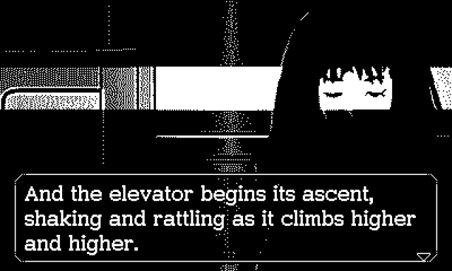 A woman's face in a small sliver of light, with a description of an elevator climbing in Echoes of the Emergent.