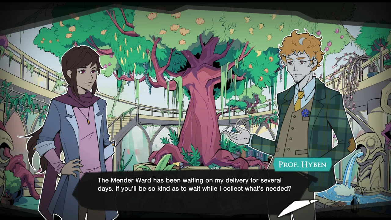 Two characters talking by a majestic indoor tree in Arcadia Fallen II.