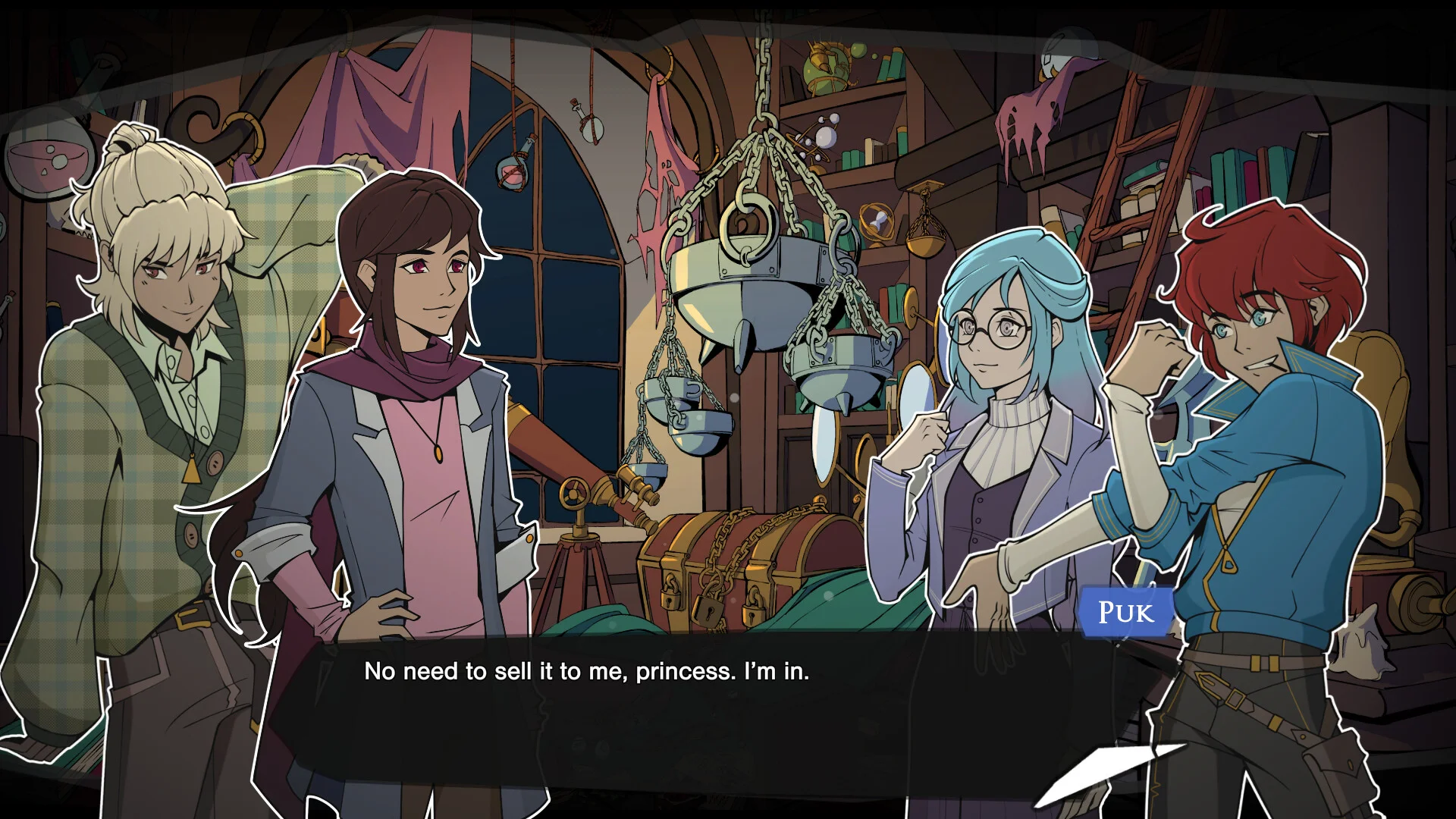 Four of Arcadia Fallen II's main characters scheming inside a room full of books and knick knacks.