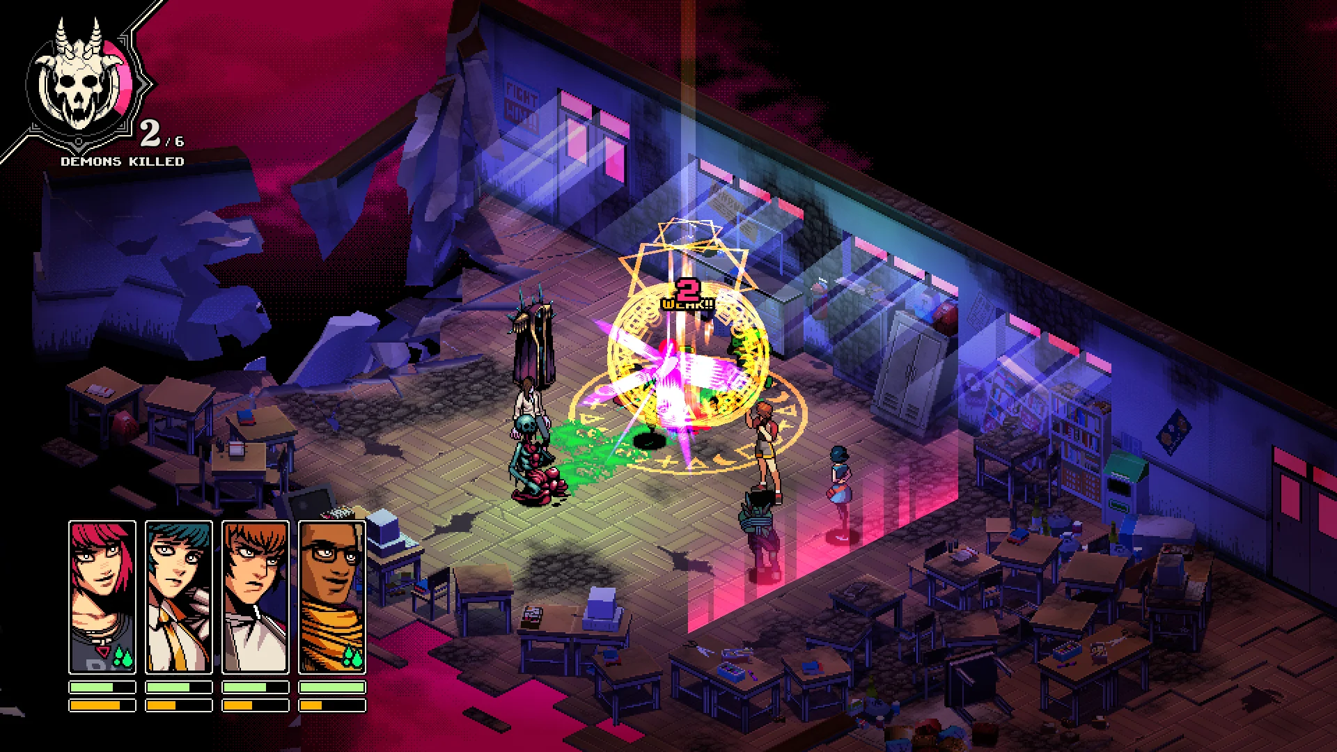 Students battling demons in a partially destroyed school room in Demonschool.