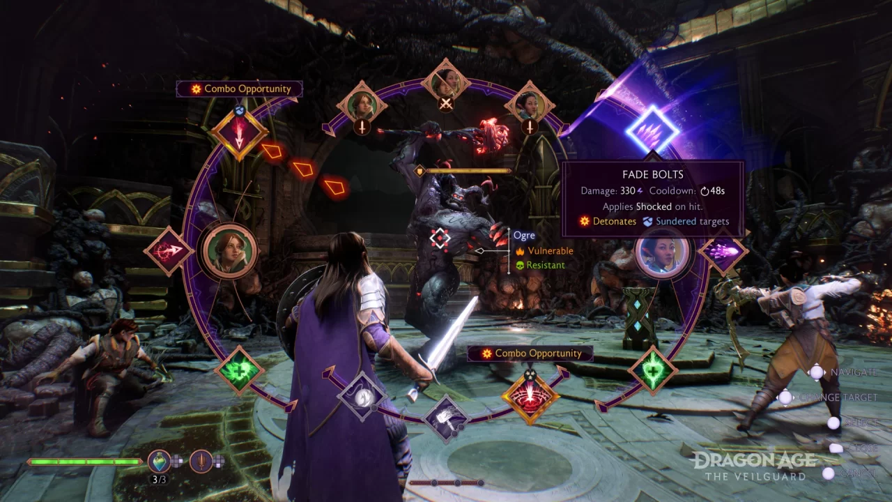 A screenshot of the skill wheel during combat in Dragon Age The Veilguard