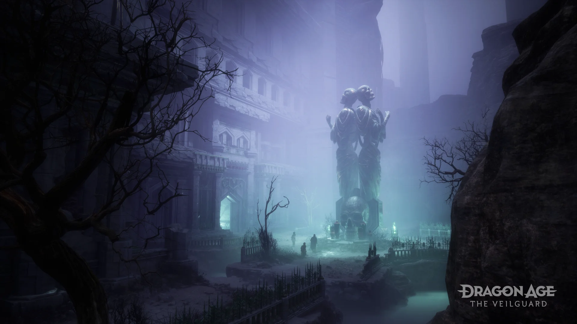 Dragon Age: The Veilguard Screenshot of an ominous graveyard accented by a giant statue of two back to back robed skeletons with crossed arms