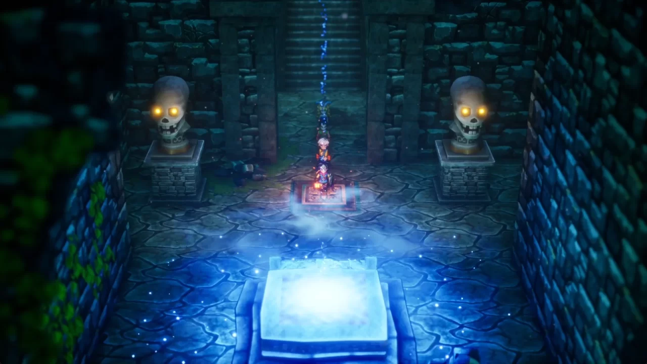 A screenshot with light coming from above in a dungeon in Dragon Quest III HD-2D Remake