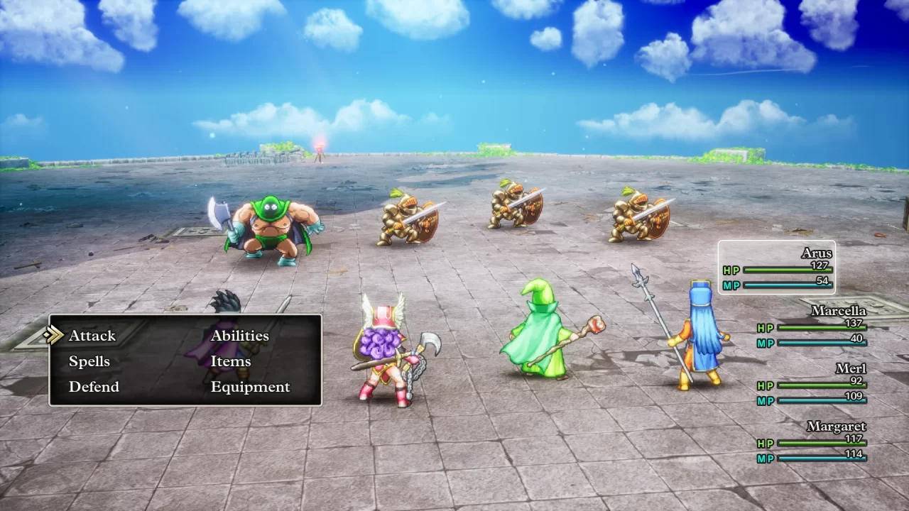 A screenshot from behind in battle in Dragon Quest III HD-2D Remake