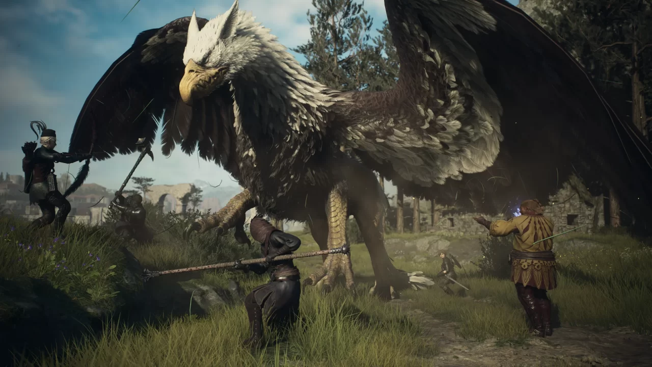 A group of characters battle a towering griffin among overgrown ruins in Dragon's Dogma 2. 