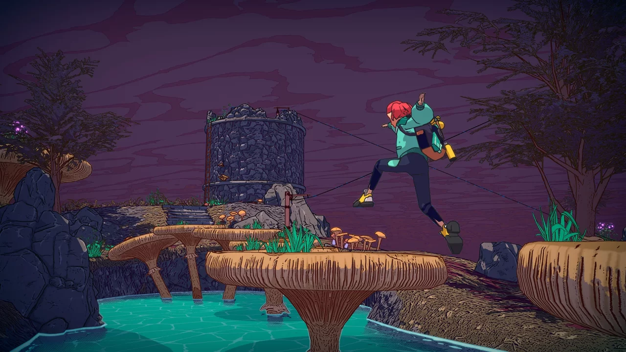 A character leaps across a stream on circular, grass covered platforms in Dungeons of Hinterberg.