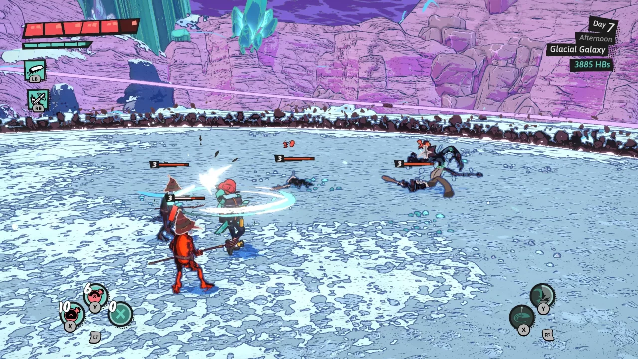 Combat in Dungeons of Hinterberg with the player character swinging their weapon on an icy field full of enemies.