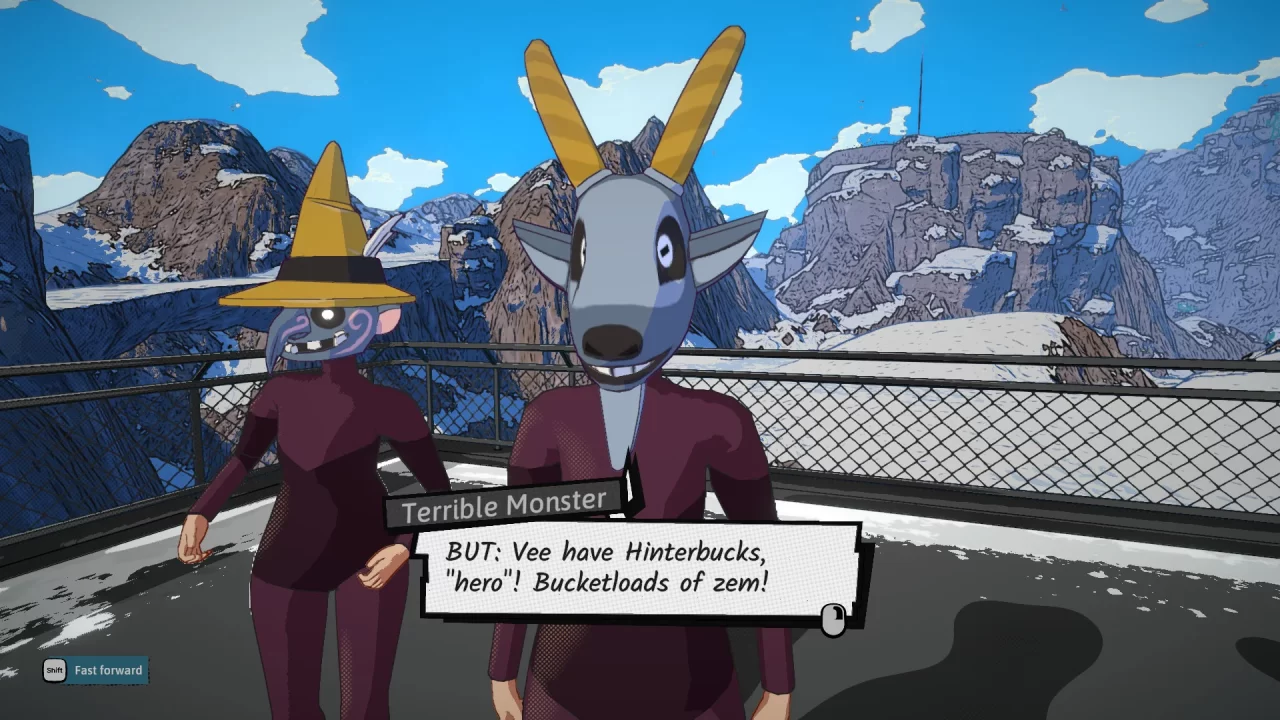 A goat man speaks and lets you know about Hinterbucks in Dungeons of Hinterberg.