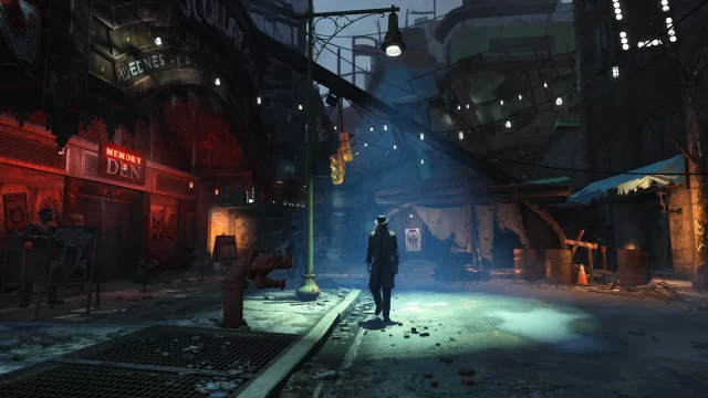 A silhouetted private investigator under a single working streetlight in a dark and gritty commercial district in Fallout 4.