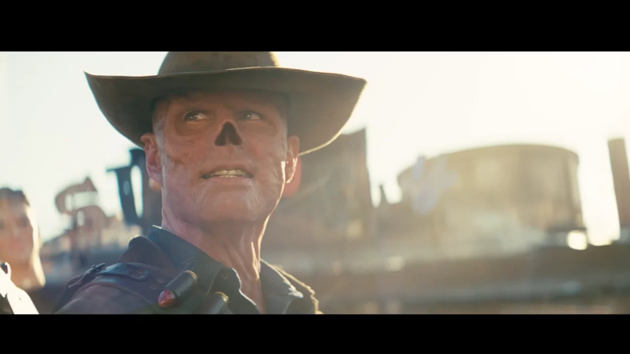 Walton Goggins as The Ghoul in Fallout, a red-skinned cowboy-like character without a nose.