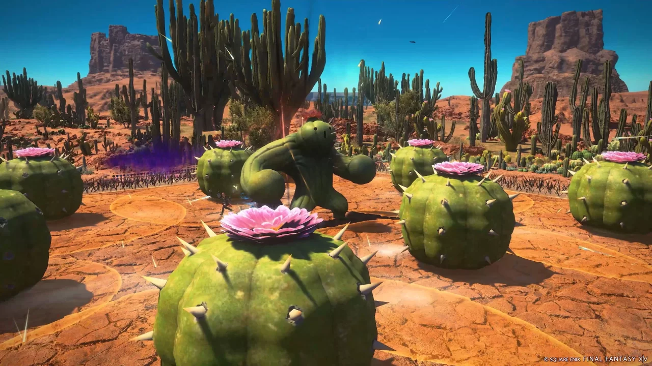 Final Fantasy XIV: Dawntrail screenshot of a swole sabotender boss surrounded by flowered cacti that are about to explode in giant circle AOEs.