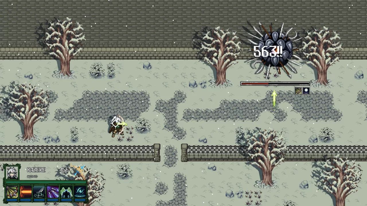 Kazere battles a giant urchin-like enemy made of swords, spears, and shields in a snowy landscape.