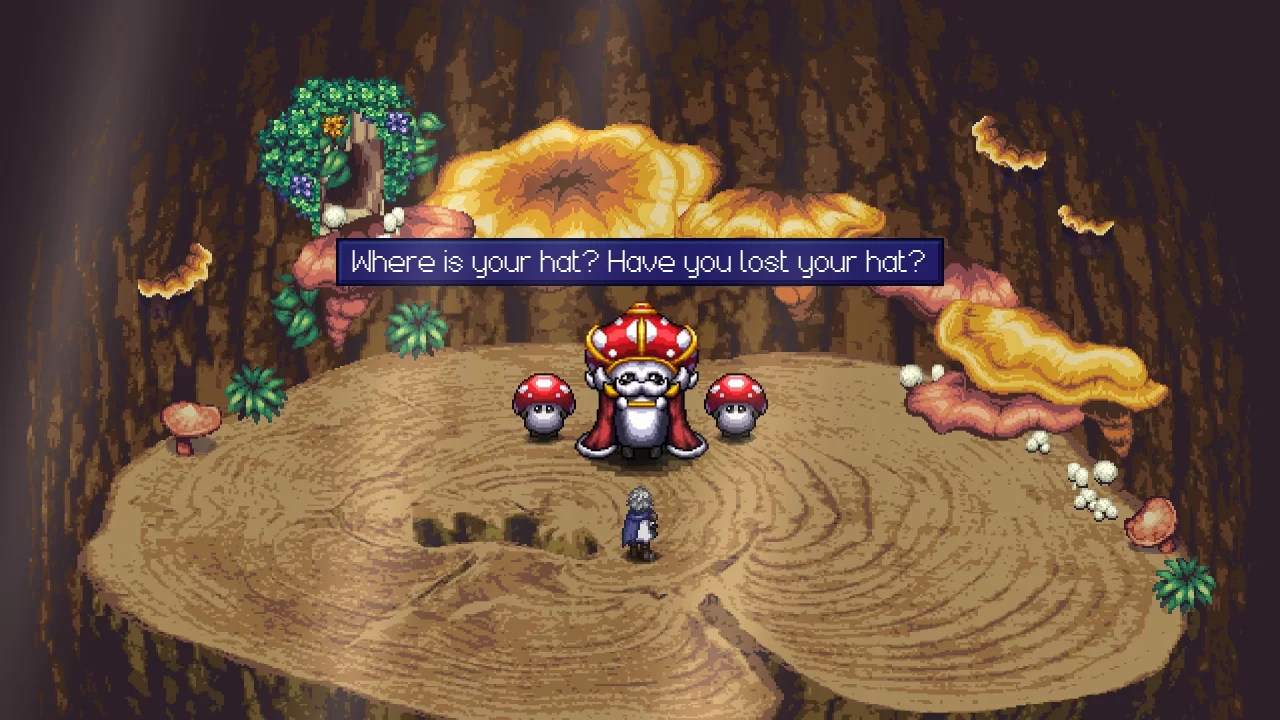 A mushroom king asks the player where their hat is in Infinity Knights: Xross.