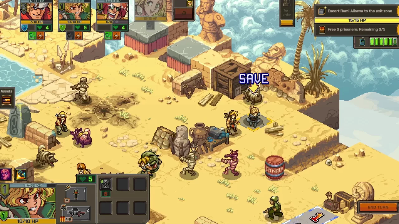 Squad members on a desert battlefield map, with many enemies dotted all over in Metal Slug Tactics.