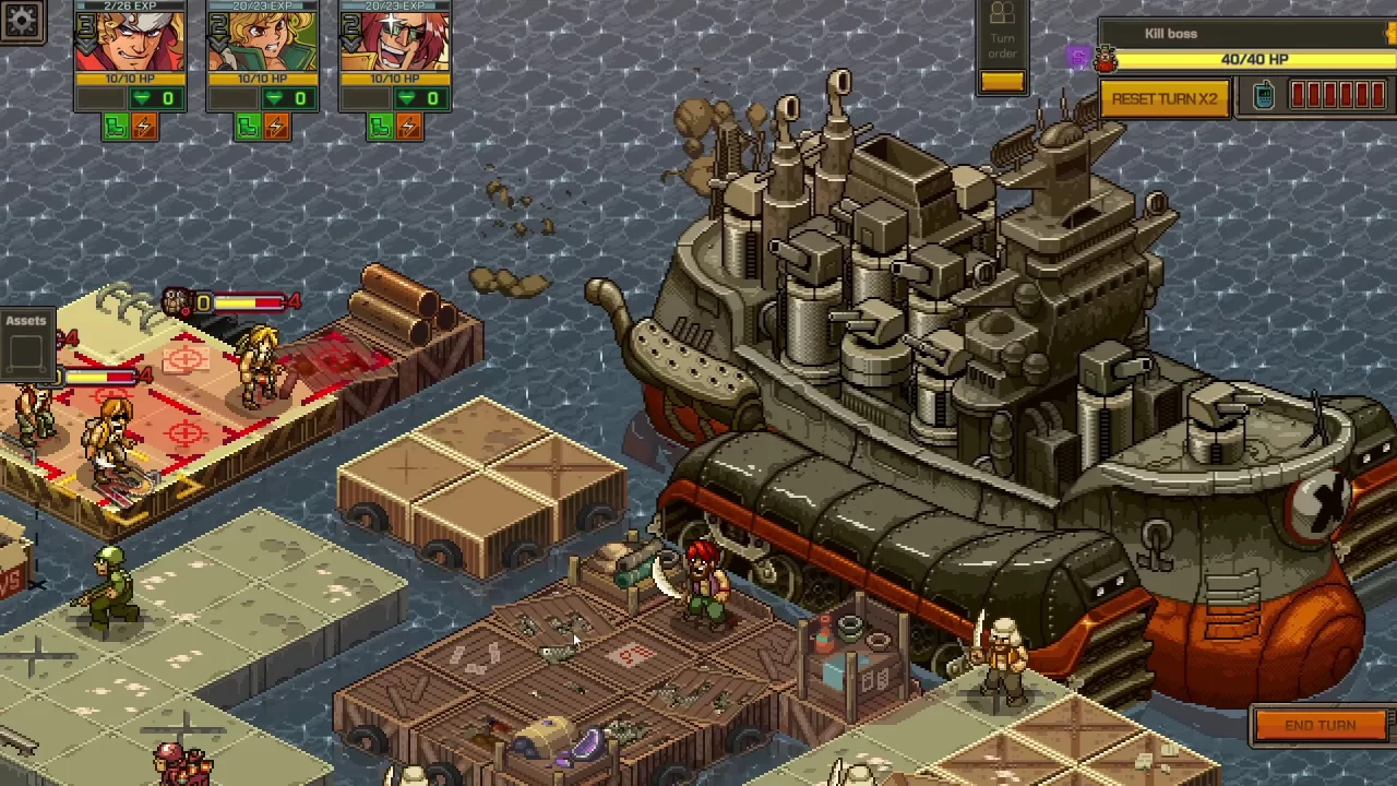 Boss fight against a battleship with several  guns and the party on a nearby dock.