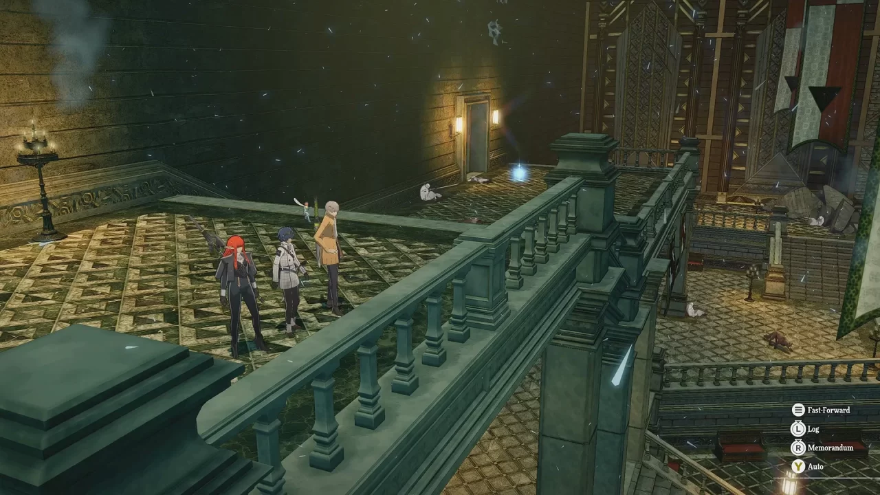 A screenshot of the party overlooking a railing in a dungeon in Metaphor ReFantazio