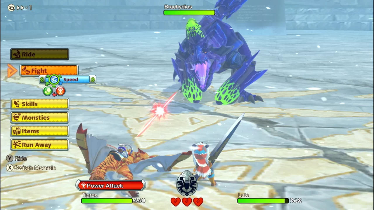 A character and monsters do battle in Monster Hunter Stories, with the UI in yellow and orange on the left and "Fight" selected.