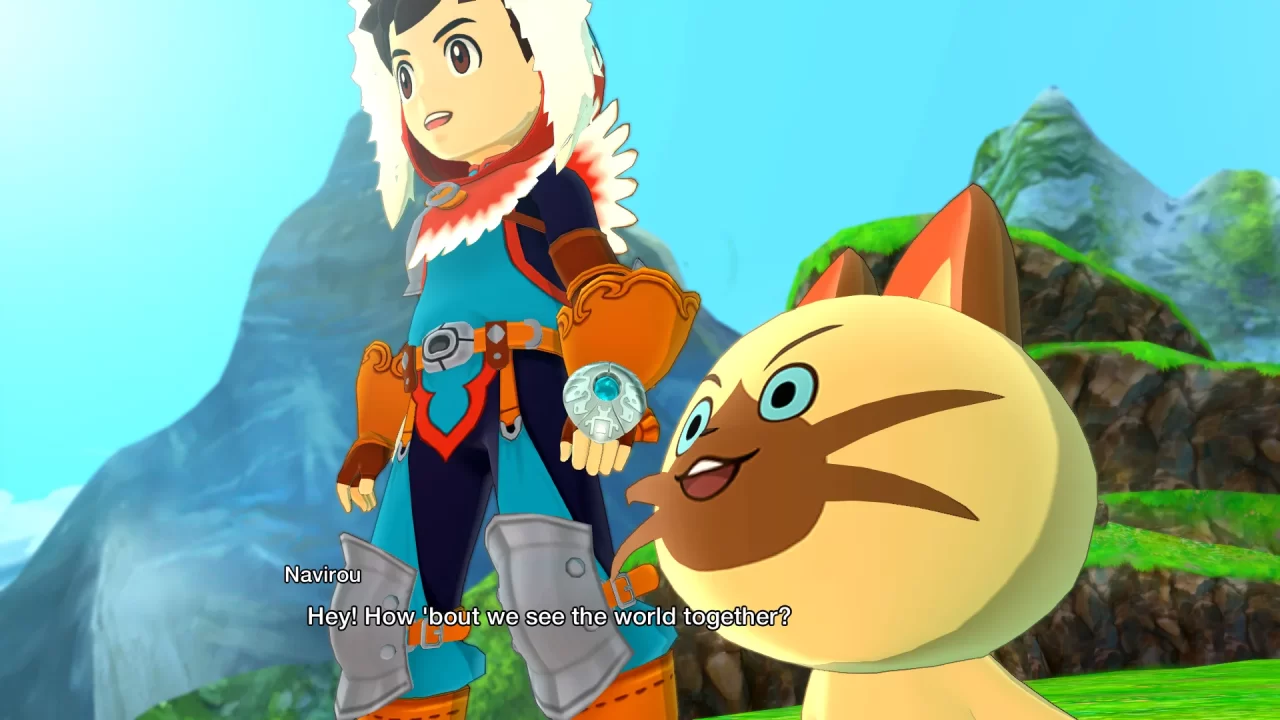 A cat-like character speaks in Monster Hunter Stories, saying "Hey! How 'bout we see the world together?"