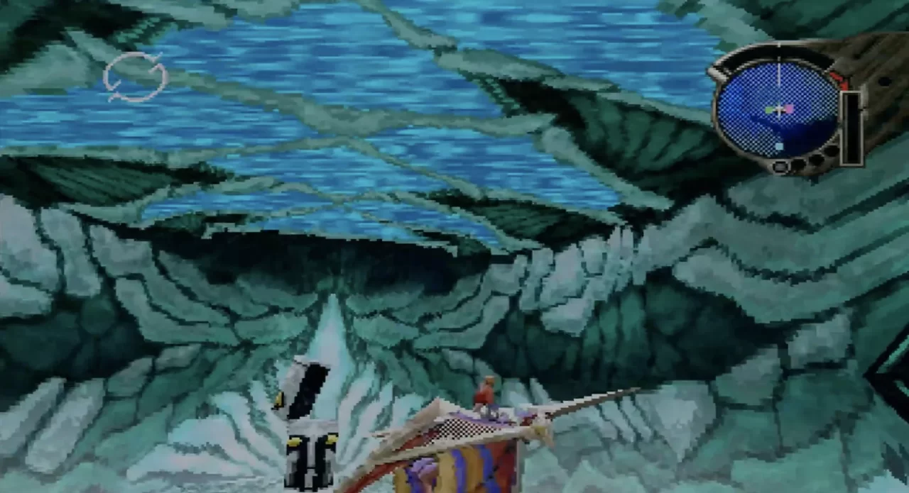 Edge and the dragon stand in front of a blue hall with ornate wall carvings/drawings in Panzer Dragoon Saga.