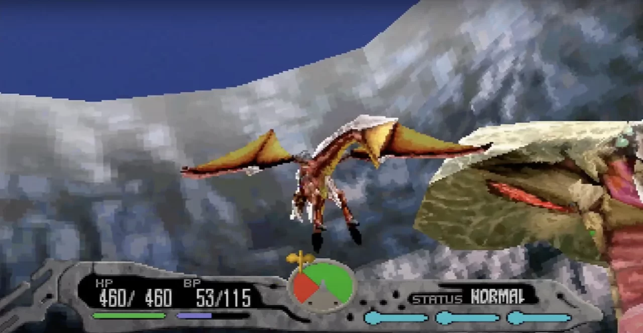 Edge rides his dragon into combat with a boss, at the bottom of the screen are menu options and battle information, and a cardinal direction wheel dictating where Edge can be hit for more damage