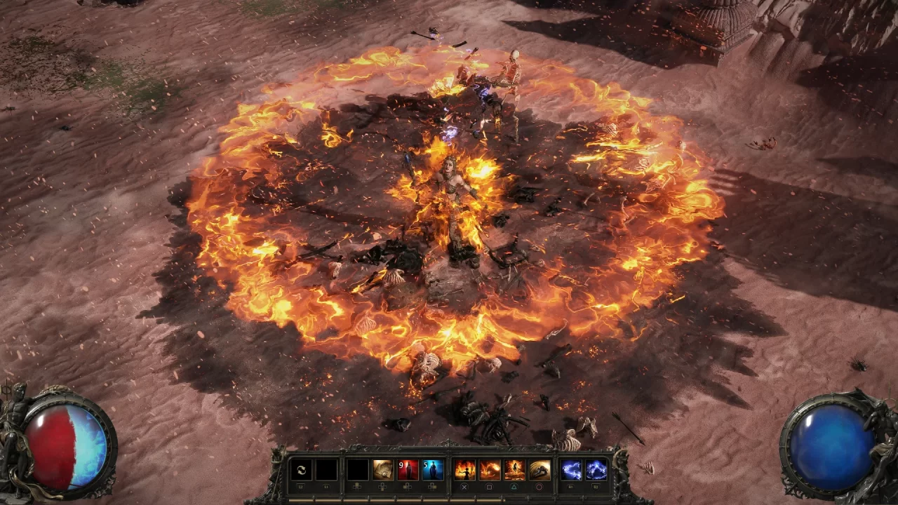 A Sorceress in Path of Exile 2 emanating a ring of flames against a swarm of skeletons