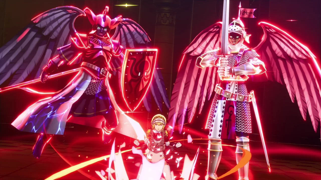 Aigis with two large glowing personas flanking her.