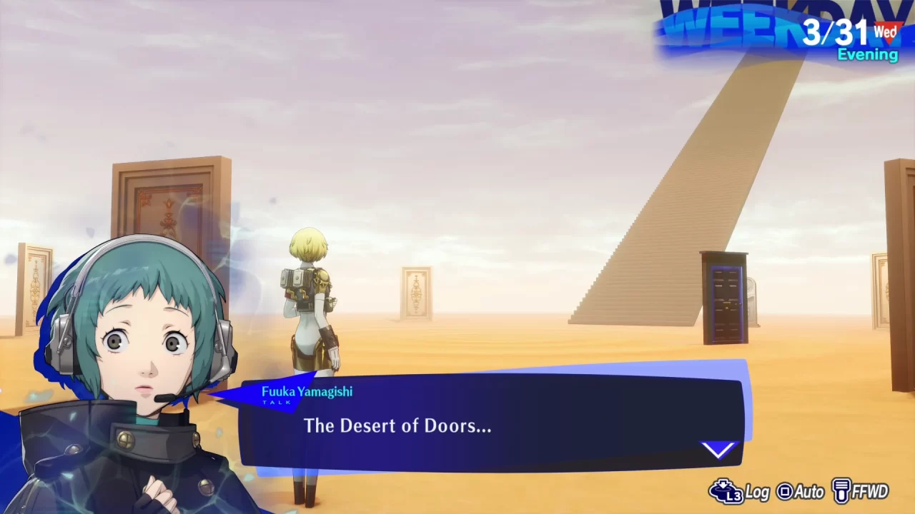 Episode Aigis Screenshot with Fuuka stating, The Desert of Doors...