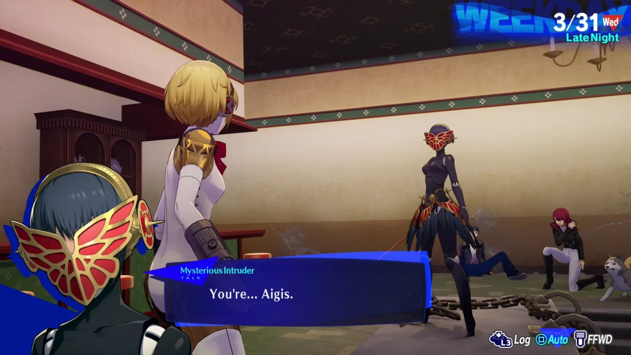 Persona 3 Reload: Episode Aigis Screenshot of a mysterious intruder looking at Aigis and stating, You're... Aigis.