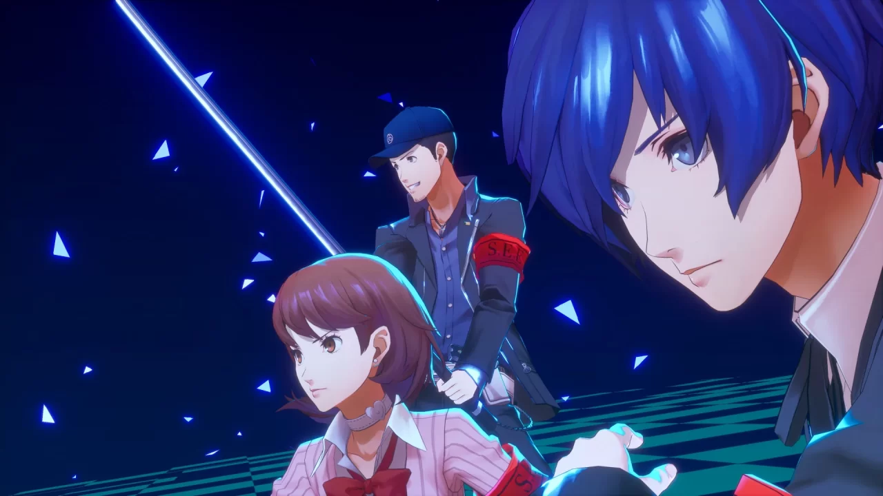 A screenshot of Persona 3 Reload depicting the Hero, Yukari and Junpei initiating a team attack in battle.