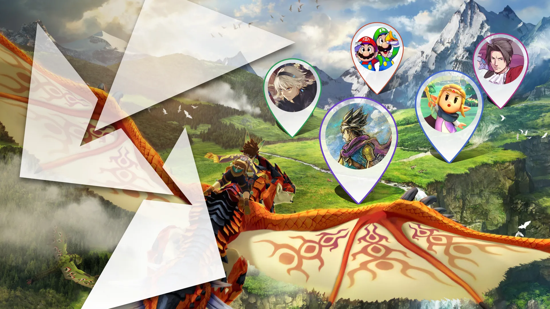 Random Encounter 299 Monster Hunter Stories 2 art with icons from Nintendo Direct titles