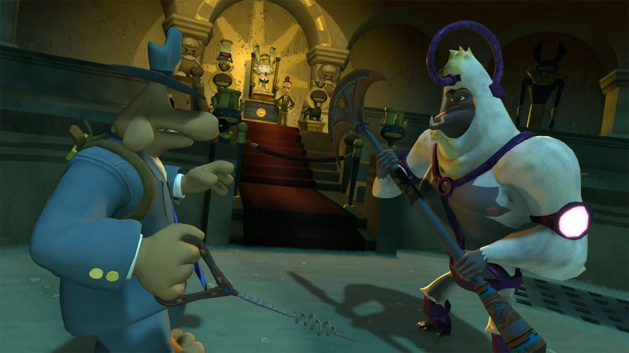 Sam squares off against a baboon opponent with an onlooker in the distance during Sam & Max: The Devil's Playhouse.