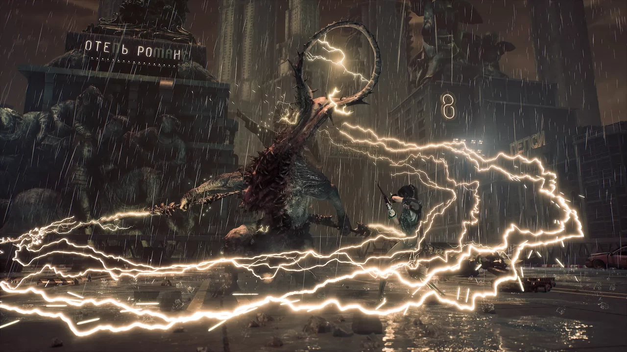 Stellar Blade protagonist Eve facing off against one of the games many bosses with lightning all around.