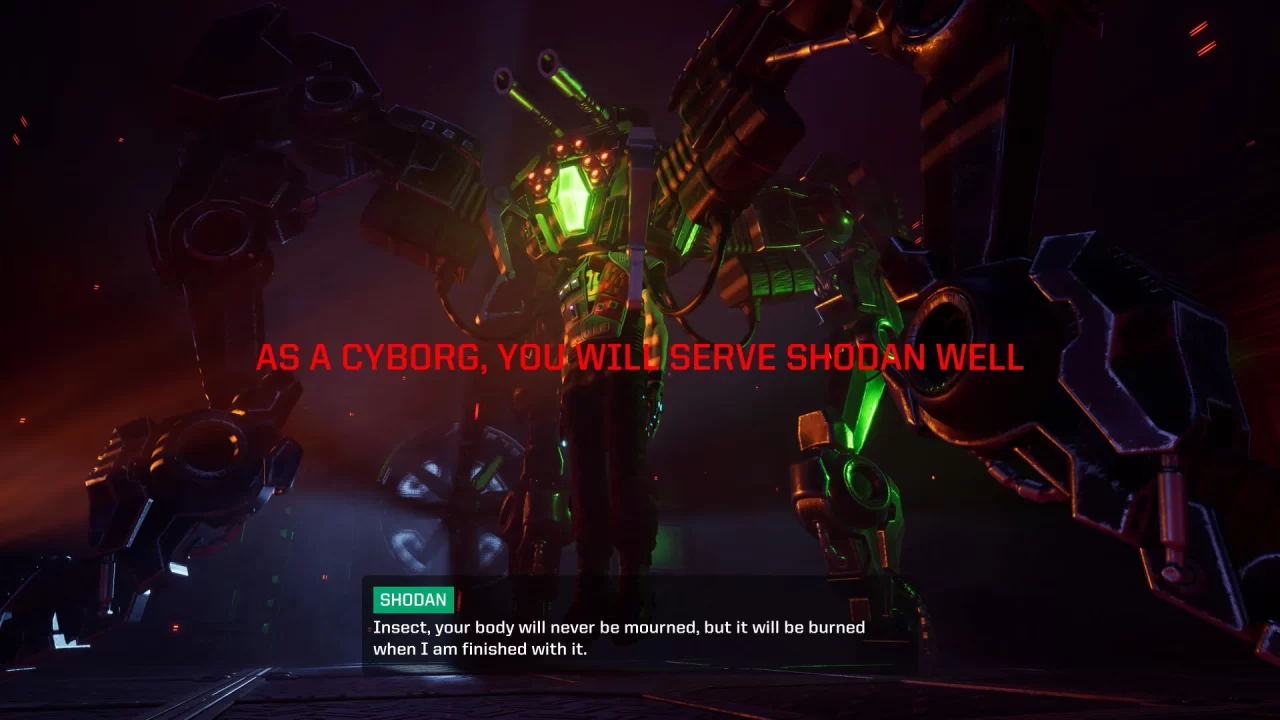 A game over cutscene plays where a spider robot takes over the hacker, text overlays the screen saying "AS A CYBORG YOU WILL SERVE SHODAN WELL."