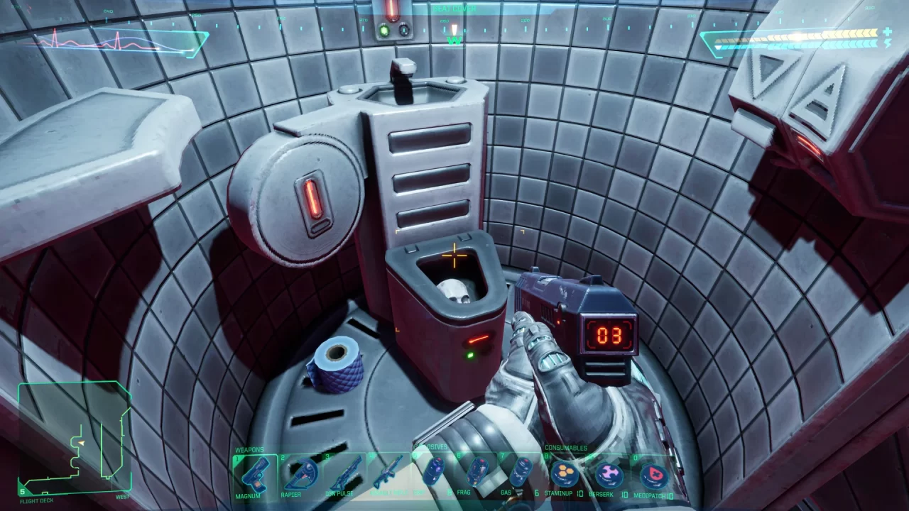 A skull in a futuristic toilet in System Shock.