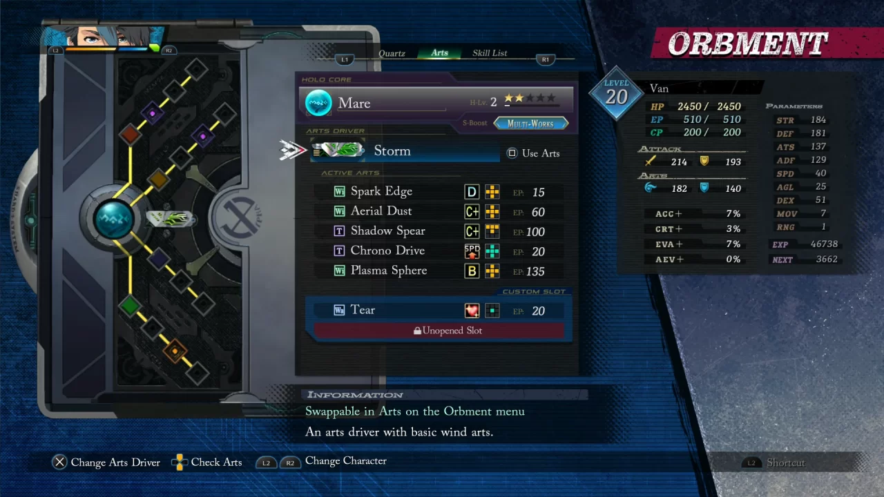 The Orbment menu in The Legend of Heroes: Trails through Daybreak.