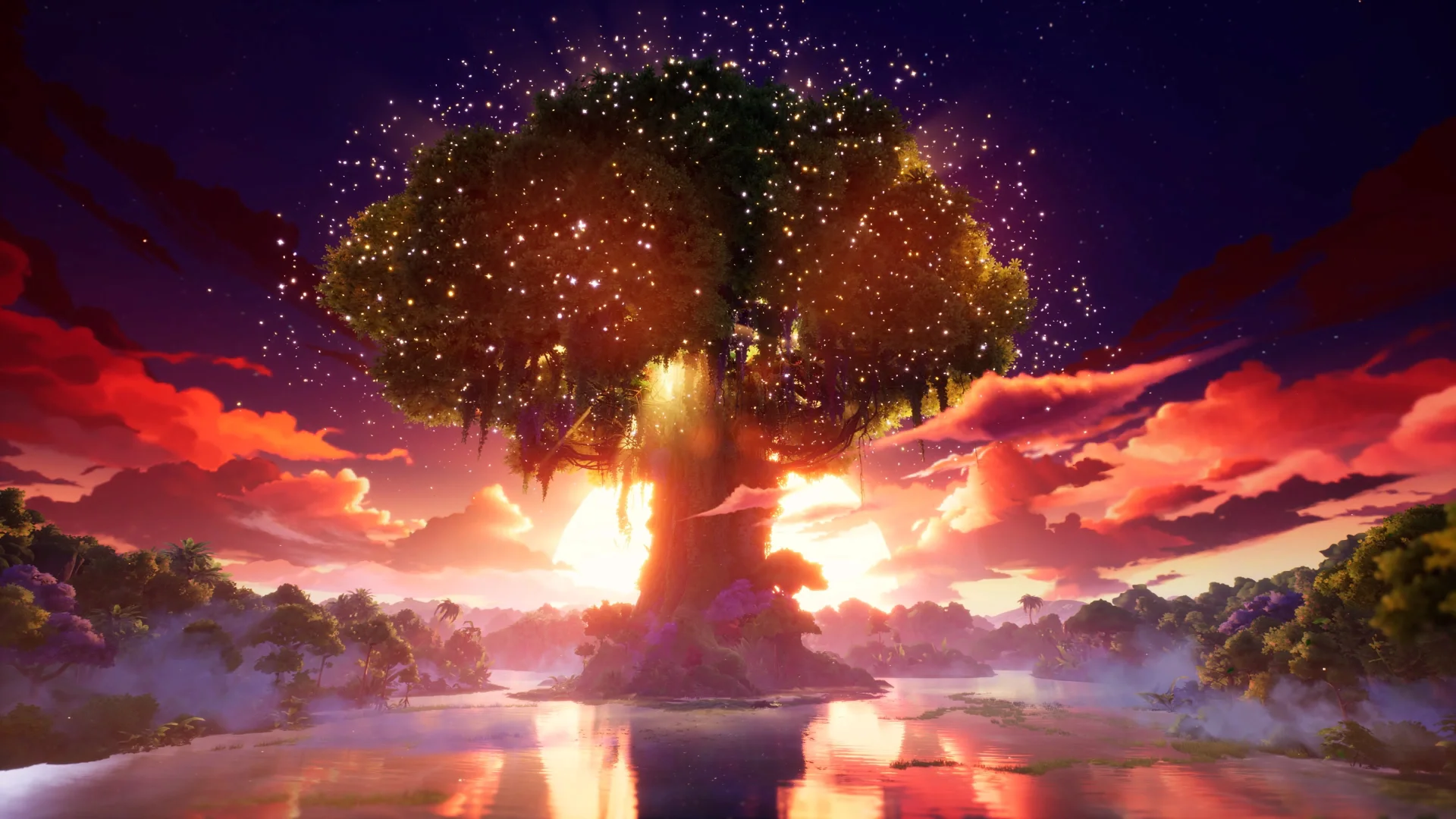 A landscape view of the glorious Tree of Mana at sunset in Visions of Mana.