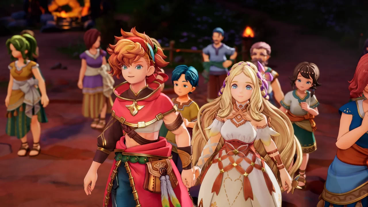 A young red-haired man and a young blonde woman stand holding hands in the firelight, surrounded by other people in Visions of Mana.