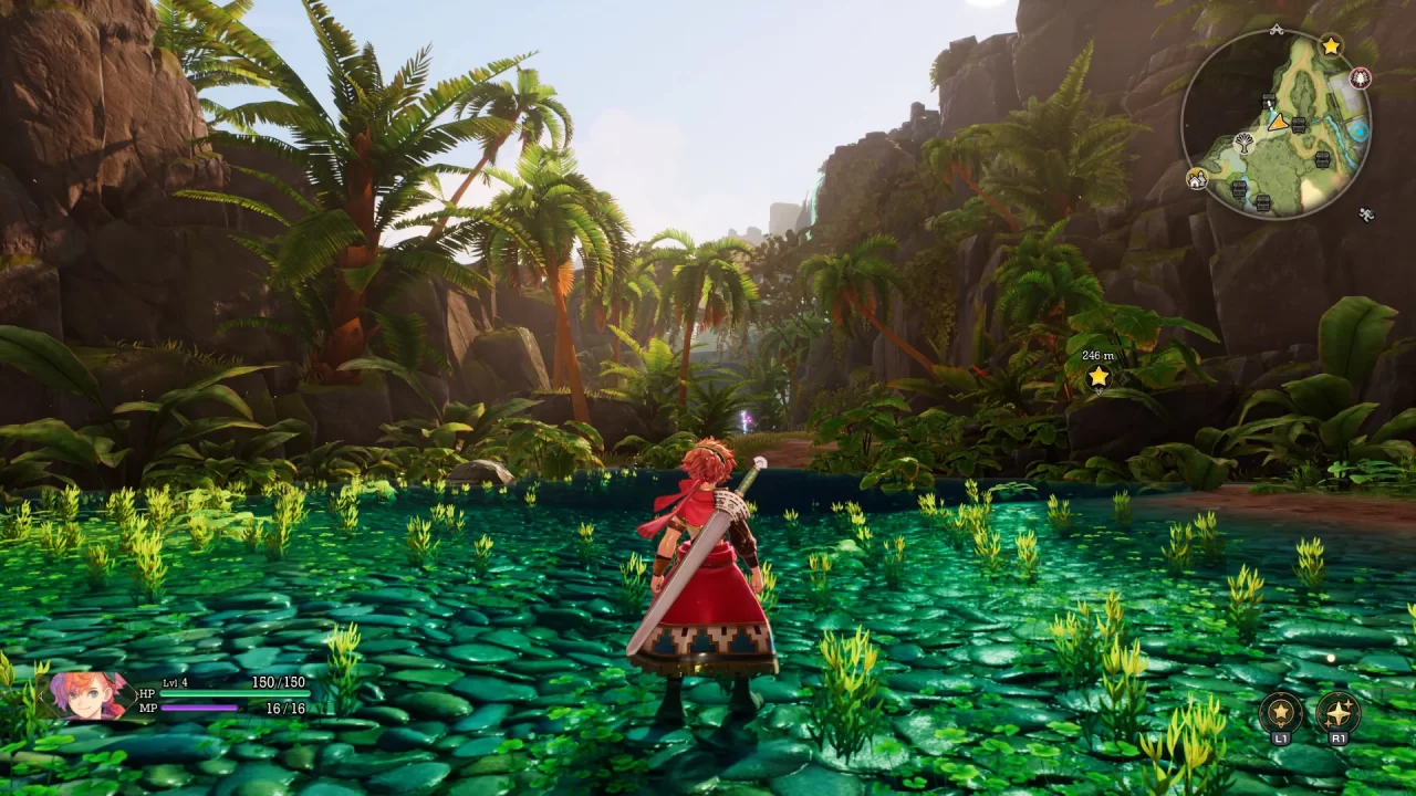 A red-haired young man, Val, stands in a green pool of water, surrounded by tropical trees and cliffs in Visions of Mana.